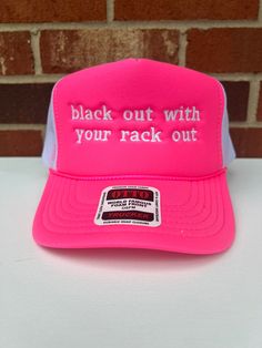 Trucker Hat Stay cool and show off unique style with this Black out with your rack out Trucker Hat. This made-in-house hat is perfect for spring and summer days, especially for girls' nights out. The statement on the cap will surely turn heads and get conversations going. Be prepared to stand out. BULK ORDERS 6 PCS OR MORE! - PLEASE CONTACT US FOR A DISCOUNT CODE BEFORE ORDERING 6 PIECES= 30% OFF 12 PIECES = 40% OFF 24 PIECES = 50% OFF 48 PIECES = 55% OFF 96+ PIECES = 60% OFF All discounts inclu Beach Snapback Visor Hat With Letter Print, Summer Streetwear Hat With Visor, Summer Streetwear Visor Hat, Summer Trucker Snapback Hat With Letter Print, Spring Beach Snapback Hat With Letter Print, Fun Adjustable Baseball Cap For Streetwear, Spring Beach Letter Print Snapback Hat, Adjustable Summer Hats With Letter Print, Trendy Adjustable Fit Cap