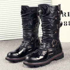 Gothic Punk Boots, Motorcycle Boots, Riding Boots, Knee-High Boots, Lace Up Boots. Genuine Leather Boots. Combat Boots, Biker Boots, Punk Boots, Gothic Boots. Black Men's Boots. Get ready to hit the road with these Funki Buys combat motorcycle boots! Made of real leather and designed with a round toe and low chunky heel, these boots are perfect for any season - from punk rock to winter wonderland. Plus, they're handcrafted for that extra touch of unique style. Don't forget to lace them up for th Black Military Boots, Boots Biker, Mens Boots Online, Black Boots Men, Military Tactical Boots, Gothic Boots, Boots Combat, Buy Boots, Punk Boots