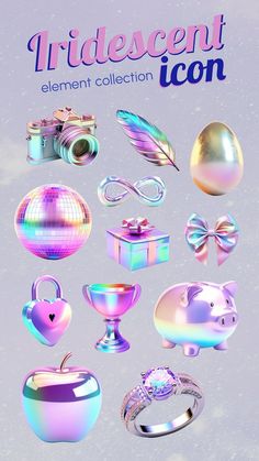 an assortment of shiny objects are shown in this graphic art work, with the words iridescent icon above them