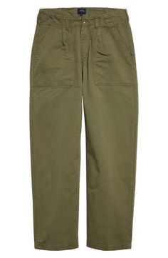 Inspired by military fatigues, these straight-leg pants made from sturdy Japanese twill are designed with dual pleats for a more polished look. 31" inseam; 17" leg opening; 11 1/2" front rise; 16 1/2" back rise (size 30) Zip fly with button closure Front slant pockets; back button-flap patch pockets 100% cotton Machine wash, line dry Made in Portugal Designer Clothing Tapered Cargo Pants For Fall, Utility Chinos With Welt Pockets, Fall Military Style Relaxed Fit Cargo Pants, Military Style Relaxed Fit Cargo Pants For Fall, Tapered Utility Cargo Pants With Patch Pockets, Utility Cargo Pants With Tapered Straight Leg, Military Style Cargo Pants For Fall, Tapered Utility Cargo Pants With Straight Leg, Khaki Workwear Pants With Flap Pockets