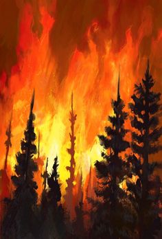 a painting of trees in front of a fire with orange and red clouds above them