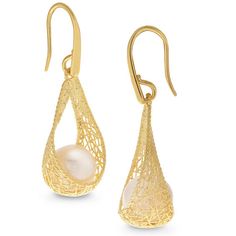 Pique her interest with these intriguing pearl drop earrings. Created in 14K gold, each unique earring features a lustrous 9.0-9.5mm cultured freshwater pearl nestled within a cleverly sculpted teardrop-shaped ribbon adorned with an open-worked textured mesh pattern and rope-textured borders. Polished to a bright shine, these earrings secure with sculpted French wire backs. Yellow Gold Teardrop Pearl Earrings With Elegant Design, Pear Shaped Pearl Drop Earrings In Yellow Gold, Elegant Yellow Gold Teardrop Earrings With Pearl Drop, Elegant Briolette Teardrop Earrings, Teardrop Pearl Pendant Earrings In Yellow Gold, Yellow Gold Teardrop Pearl Pendant Earrings, Yellow Gold Akoya Pearl Pear Earrings, Elegant Teardrop Briolette Earrings With Pearl Drop, Teardrop Pearl Earrings Fine Jewelry