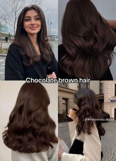 Long Brown Chocolate Hair, Brown Hair Colour On Black Hair, Dark Brown Hair Balayage Chocolate, Natural Colors To Dye Your Hair, Coco Brown Hair, Chocolate Brown Hair Balayage, Natural Hair Dye Ideas, Dark Chocolate Hair, Dark Chocolate Brown Hair