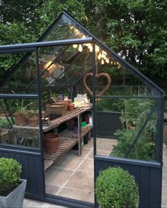 a small greenhouse with plants in it and potted plants on the ground inside, surrounded by greenery