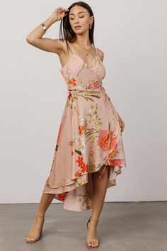 Steffi Tulip Wrap Dress | Pink Multi Floral Spring V-neck Dress With Wrap-around Straps, Spring Vacation Dresses With Wrap-around Straps, Spring Vacation Dress With Wrap-around Straps, Summer Vacation Dresses With Wrap-around Straps, Summer Vacation Dress With Wrap-around Straps, Fitted Summer Maxi Dress With Wrap-around Straps, Floral Print High-low Hem Midi Dress For Vacation, Summer Floral Print Maxi Dress With High-low Hem, Pink Maxi Dress With Adjustable Straps For Brunch