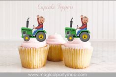 two cupcake toppers with a photo of a boy on a tractor behind them