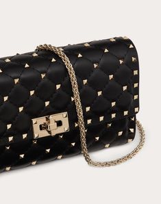 Rockstud Spike Nappa Leather Crossbody Clutch Bag for Woman in Poudre Luxury Studded Shoulder Bag, Designer Formal Bags With Studs, Luxury Formal Shoulder Bag With Studs, Luxury Formal Bags With Studs, Luxury Studded Shoulder Bag For Formal Occasions, Luxury Studded Formal Bags, Luxury Rectangular Bags With Studs, Luxury Studded Bags For Party, Rhombus Pattern