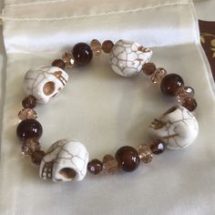 Resin Skulls, Brown Crystals, Skeleton Bracelet, Colorful Bead Bracelets, Pearl Cuff Bracelet, Sterling Silver Bead Bracelet, Sterling Silver Charm Bracelet, Multi Strand Bracelet, Silver Bead Bracelet