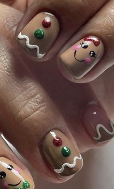 Easy Diy Christmas Gel Nails, Christmas Nails Girls Short, Adorable Christmas Nails, Easy Nail Art For Christmas, Cute Gel Christmas Nails, Easy Xmas Nails For Kids, Gingerbread Nail Art Designs, Thanksgiving To Christmas Transition Nails, Kid Nail Designs Christmas