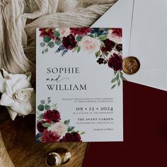 wedding stationery with red and pink flowers on it, including a wax stamp that reads sophie and william