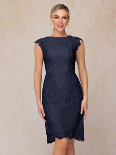 Dark_Navy Mother Of The Bride Looks, Lace Wedding Guest Dress, Knee Length Lace Dress, Lace Neckline, Cap Dress, Sleeves Dress, Mother Of The Bride Dress, Bride Look, Capped Sleeve Dress