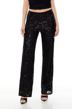 Pair of knit pants featuring allover sequin embellishments, high - rise waist, wide leg, and concealed zipper back closure. | Shell: 95% polyester, 5% spandex | Lining: 100% polyester | Hand wash cold | Model is 5'8" and wearing Small | Sequin High - Rise Wide - Leg Pants Black Palazzo Pants, Palazzo Trousers, Loungewear Dresses, Sequin Pants, Linen Loungewear, Knitwear Dress, Knitwear Tops, Dress Trousers, Palazzo Pants