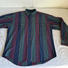 Vintage 70’s / 80’s / 90’s Looking Retro Striped Eddie Bauer Collared Long Sleeve Button Front Cotton Shirt. 90s Style Cotton Shirt With Buttons, 90s Blue Button-up Top, 90s Style Cotton Button-up Shirt, 90s Style Long Sleeve Shirt With Button Closure, 90s Cotton Tops With Button Closure, 90s Style Cotton Tops With Button Closure, Eddie Bauer, Casual Shirts For Men, Casual Button Down Shirts