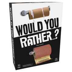 a cardboard box with two rolls of toilet paper on top of it and the words would you rather?