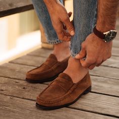 Men’s tobacco brown suede leather Penny Loafers | Velasca