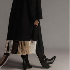 Beautiful Quality Sweater With Fringe. Anthropologie Brand, Open Size Nwt But I Believe It Was Worn With Them As There Is Minor Wear. Still New Condition. Price Reflects. Black Fringed Outerwear For Winter, Black Fringe Outerwear For Winter, Anthropologie Brands, Fringe Sweater, Anthropologie Sweater, Abayas Fashion, Colorful Sweaters, One Size Fits All, Black And Brown