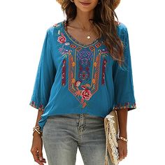 Season:Summer; Fabric:Rayon; Sleeve Length:3/4 Length Sleeve; Look After Me:Machine wash; Gender:Women's; Style:Boho; Elasticity:Inelastic; Tops Type:Blouse; Occasion:Daily; Top Length:Regular; Fit Type:Loose Fit; Pattern:Geometric; Design:Embroidered; Neckline:V Neck; Front page:FF; Listing Date:06/17/2024; Production mode:External procurement; Bust:null; Shoulder Width:null; Sleeve:null; Fit US Size:null; Fit UK Size:null; Fit EU Size:null Summer Boho Print Folk Blouse, Summer Folk Blouse With Boho Print, Summer Folk Style Blouse With Boho Print, Bohemian Half Sleeve Summer Tops, Summer Bohemian Blouse With Boho Collar, Bohemian Blouse With Boho Collar For Summer, Bohemian Tops With 3/4 Sleeve And Floral Embroidery, Spring Bohemian Half Sleeve Blouse, Bohemian Spring Tops With 3/4 Sleeves