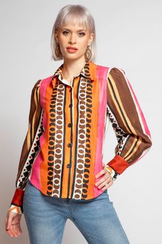 Eva Franco Dress Lorca Blouse - Tulum Stripe Casual Long Sleeve Blouse With Geometric Pattern, Trendy Long Sleeve Blouse With Geometric Pattern, Multicolor Geometric Long Sleeve Shirt, Chic Long Sleeve Blouse With Geometric Pattern, Trendy Blouse With Geometric Pattern For Spring, Casual Collared Blouse With Abstract Print, Casual Multicolor Blouse With Boho Collar, Casual Spring Blouse With Geometric Pattern, Casual Geometric Pattern Blouse For Spring