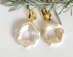 These light and white -gold earrings hand made from Polymer clay and gold foil. earrings Pots made from brass and 18k plated. Hypoallergenic.  Large earrings - 3 x 2,2" (80 x 60mm)  white clay cirkle diametre -60mm , 2,2 " gold earrings part -( 3 x 3 cm) 1,2 x 1,2" Look at my beautiful gems made of polymer clay! I made these Earrings by applying in filigree fine work with precision tools the miniature elements from FIMO to the carrier. The Earrings have been created by the passion for art and cr Handmade White Gold-plated Jewelry, Modern White Metal Hoop Earrings, Handmade White Metal Earrings, White Gold Plated Jewelry With Ear Wire, Gold Plated White Drop Earrings, Handmade White Gold-plated Earrings, White Gold Plated Nickel Free Jewelry, Nickel Free White Gold Plated Jewelry, White Nickel Free Gold Plated Jewelry