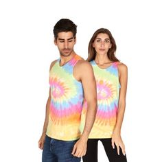 Be the life of the party in Daresay Tees Tie Dye T-Shirts that deliver cool, laid back and colorful vibes to your look. Brighten up your wardrobe with these far out shirts that provide an instant dose of happiness when you wear them. About This Product: 100% Cotton Sleeveless Hand Dyed Available in Adult sizes Small  XX-Large Taped Neck And Shoulders Our Tank Tops are made from soft, lightweight and breathable cotton, which makes it super comfortable in a variety of environments. The comfortable Summer Tie Dye T-shirt With Rainbow Print, Sleeveless Multicolor Graphic Print T-shirt, Spring Festival Casual T-shirt, Hippie Multicolor T-shirt For Spring, Fun Summer Festival T-shirt, Multicolor Rainbow Print Tops For Spring, Casual Multicolor Print Tops For Summer, Casual Multicolor Print Summer Tops, Trendy Multicolor Summer T-shirt