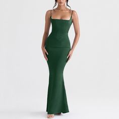 Shiloh - Green Satin Maxi Bodycon Dress - Model Mannequin Fitted Maxi Slip Dress For Date Night, Fitted Slip Dress With Straight Neckline For Evening, Fitted Slip Dress With Straight Neckline, Fitted Green Gown With Corset Back, Fitted Bodice Maxi Length Slip Dress For Date Night, Fitted Backless Dress With Spaghetti Straps For Gala, Fitted Midi Dress With Straight Neckline For Prom, Green Evening Dress With Corset Back, Green Fitted Backless Dress For Formal Occasions