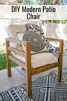 the diy modern patio chair is made from wood and has an upholstered cushion