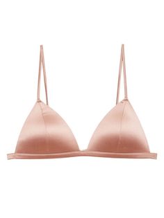 blush pink stretch-silk satin weave triangle cup rear clasp fastening adjustable shoulder straps Elegant Triangle Top Bra With Delicate Straps, Chic Triangle Top Bra With Straps, Chic Evening Bra With Triangle Top, Summer Evening Bra With Adjustable Straps, Chic Evening Bra, Elegant Bra With Adjustable Straps For Spring, Chic Evening Bra With Adjustable Straps, Elegant Spring Bra With Adjustable Straps, Fitted Triangle Top Bra For Evening