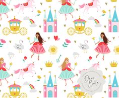 seamless pattern with princesses and unicorns