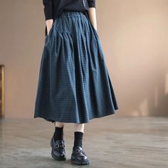 Lasaky - Vintage Retro Print Loose Fit High Waist A-Line Skirt Checked Skirt, Linen Casual, Elegant Skirt, Fall Skirts, Plaid Fashion, Maxi Skirts, Blue Midi Dress, Casual Skirts, Mode Vintage