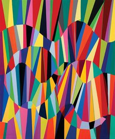 an abstract painting with multicolored lines and shapes in the center, on a black background