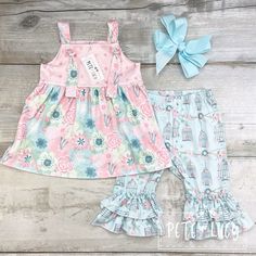 Cute 2 Piece Short Set With A Pink Top And Blue Bottoms. Playful Spring Sets For Playdate, Playful Sets For Playdate In Spring, Playful Matching Sets For Spring, Playful Spring Matching Sets, Cute Pink Sets For Spring, Cute Light Blue Sets For Playwear, Pink Summer Playdate Sets, Playful Light Blue Sets For Spring, Playful Pink Spring Sets