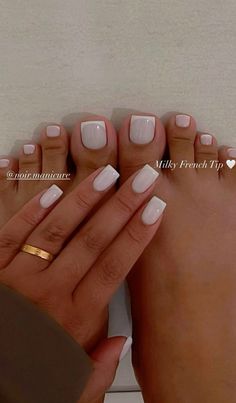 Short Square Manicure Nails, Short French Tip Pedicure, Milky White French Pedicure, Milk White Nails With French Tip, Short Classy Nail Ideas, Milk White Manicure, Matching French Manicure And Pedicure, Summer Nails Neutral Classy, Pedi And Mani Ideas Color Combos