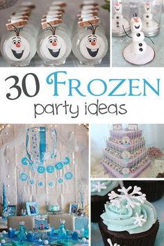 frozen birthday party ideas including cupcakes, cake and decorations