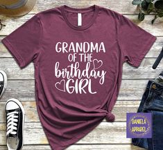 Grandma Of The Birthday Girl Shirt, Adult Ladies Women Shirt, Grandma Shirt For Birthday, Birthday Party Shirt, Grandma Birthday Outfit Specialties PRODUCTION TIME: 1-3 days (Usually 2 days) SHIPPING TIME: 2-5 days (Usually 3 days) PRODUCT DESCRIPTION: Bella Canvas Unisex T-shirt Super soft cotton and excellent quality print makes. 100% Soft cotton (fibre content may vary for different colors) Light fabric (4.2 oz/yd² (142 g/m Runs true to size Our Relaxed Fit Tee (Bella + Canvas style 3001) is Name Print Tops For Birthday, Birthday Shirt For Mother's Day With Crew Neck, Casual Purple T-shirt For Birthday, Purple Cotton Tops For Birthday, Purple Graphic Print T-shirt For Birthdays, Casual Purple Top For Birthday, Casual Purple Birthday T-shirt, Purple Crew Neck T-shirt For Birthday, Grandma Birthday