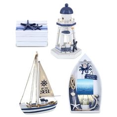 three small sailboats and a lighthouse are shown in four different styles, including one with an octopus on it