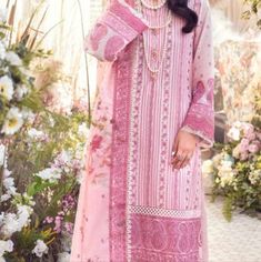 Pink 3 Piece Suit. Heavy Embroidery. Solid Trouser With Metallic Trim At Hem. Matching Embroidered Digital Paper Cotton Floral Dupatta. Size Xl. Ready To Wear Embroidered Digital Printed Paper Cotton Dupatta - 2.5 Meter Embroidered Swiss Voile Shirt Front, Back & Sleeves Dyed Inner & Trouser - Embroidered Border For Front & Back. Bust Measures 22 Pakistani / Indian Fashion Perfect For Eid Celebrations Yellow Indian Suit, White Indian Outfit, Indian Silk Dresses, Indian Dresses Anarkali, Floral Dupatta, Eid Celebrations, Patiala Salwar Suits, Purple Bottom, Indian Tunic