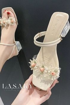 Lasaky - Stylish Womens Double Strap High Heel Sandals with Floral Embellishments Sandal Hak Tinggi, Modern Sandals, Rhinestone High Heels, Club Shoes, Flower Sandals, Floral Sandals, Beige Heels, Rhinestone Sandals, Chunky Heels Sandals