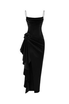 Flower embellished draped satin midi dress black 7D010 – RASARIO Formal Dress With Ruched Bodice In Elastane, Formal Dress With Ruched Bodice And Elastane, Fitted Ruched Evening Dress In Elastane, Fitted Ruched Elastane Evening Dress, Ruched Fitted Elastane Evening Dress, Fitted Ruched Evening Dress For Dinner, Ruched Fitted Evening Dress For Dinner, Elastane Bodycon Dress With Ruched Bodice, Ruched Bodice Gala Dress