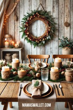 A Pinterest pin showcasing a beautifully decorated holiday dining table with eco-friendly elements. The table features burlap-wrapped candles, pine branches, red berries, and simple, rustic place settings with burlap napkins tied with twine and sprigs of greenery. A natural wreath made of twigs, pinecones, and berries hangs on a reclaimed wood wall in the background. The image radiates warmth and sustainability, with 'mamaswallet.com' displayed at the bottom. Rustic Table Settings, Holiday Decor Ideas, Rustic Table Setting, Eco Friendly Holiday, Sustainable Decor, Eco Friendly Home, Diy Ornaments, Cozy Holiday, Home For The Holidays