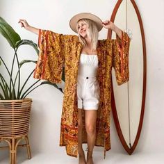 Elevate Your Wardrobe With Our Gorgeous Floral And Paisley Printed Open Style Kimono Wrap. Perfect For Your Next Vaca As It Pairs Well Over A Swimsuit Or A Layered For A Daytime Look. Comes With A Matching Self Tie Sash Style Belt. One Size Fits Most Our Boutique Is Filled With A Curated Collection Of Styles: Spell Gypsy Boho Bohemian Hippie Retro Vintage Handmade Coachella Festival Free People Anthropologie Johnny Was Urban Outfitters Western Aztec Tribal Floral Vacation Fall Winter Spring Summ Boho Robes, Loose Kimono, Western Aztec, Kimono Wrap, Coachella Festival, Chiffon Midi Dress, Bohemian Hippie, Print Kimonos, Sweet Floral