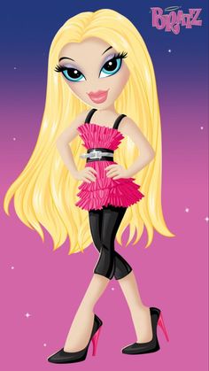 a cartoon girl with long blonde hair and blue eyes wearing high heeled black shoes