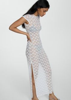 Floral lace dress with opening - Woman | MANGO USA White Mesh Dress, Mango Outlet, Floral Lace Dress, Tailored Design, Transparent Design, Suit Vest, White Mesh, Design Floral, New Generation