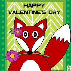 a happy valentine's day card with a red fox holding a flower