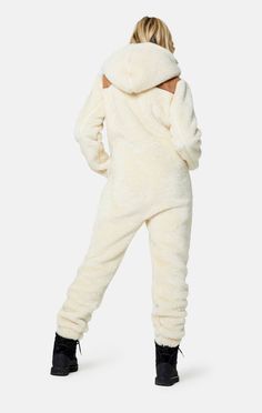 The New Vegan Shearling Jumpsuit Off White - Onepiece Cozy Winter Loungewear Jumpsuits And Rompers, Winter Solid Jumpsuits And Rompers For Loungewear, Casual White Jumpsuits And Rompers For Winter, Hooded Jumpsuits And Rompers For Winter Loungewear, White Long Sleeve Winter Jumpsuits And Rompers, White Long Sleeve Jumpsuits For Winter, Selena Dresses, Green Jumpsuit, Baggy Fits