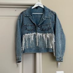 Never Worn Jacket From Shein - Cropped In The Front With Sequins Casual Fringe Denim Jacket For Spring, Casual Medium Wash Outerwear With Fringe, Trendy Fringed Denim Jacket For Spring, Trendy Fringe Denim Jacket For Spring, Trendy Long Sleeve Denim Jacket With Fringe, Casual Medium Wash Denim Jacket With Fringe, Casual Winter Denim Jacket With Fringe, Spring Denim Jacket With Fringe, Fall Denim Outerwear With Fringe