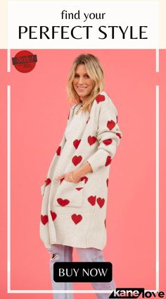 Heart Graphic Open Front Cardigan with Pockets Trendy Heart Print Cardigan For Fall, Fall Long Sleeve Heart Print Outerwear, Casual Heart Print Cardigan For Spring, Casual Spring Outerwear With Heart Print, Casual Heart Print Outerwear For Spring, Cardigan With Pockets, Heart Graphic, Color Pick, Open Front Cardigan