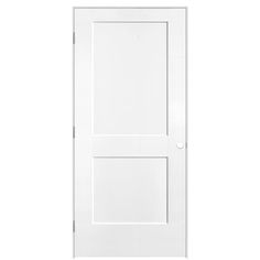 a white door with two panels and one panel on the top half, against a white background