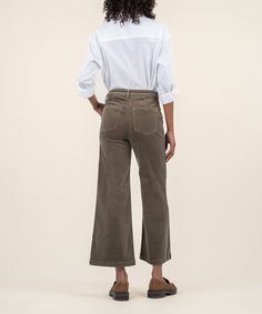 Rock a vintage-chic look in high-rise, ankle-length flare jeans made from soft corduroy finished in a rich olive and our fab ab front pockets that smooth and add comfort. Fabric: 98% Cotton, 2% Spandex Size & Fit: Category: Contemporary, Fabric Feel: Soft, Inseam: 27", Leg Opening: 23", Rise: 11" Color: OLIVE Wide Leg Corduroy Pants, Corduroy Wide Leg Pants, Olive Jeans, Corduroy Pants Women, Corduroy Coat, Wrap Jacket, Contemporary Fabric, Rock A, Linen Shorts