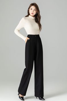 "These black Warm Wool Long Pants are the perfect addition to any wardrobe! They will keep you warm, while still being stylish. These pants feature a straight leg, a smooth lined trouser, and a functional front pocket. They can be paired with any number of tops included sweaters, blouses, button downs, etc. Make more fashion forward choices with these pants!   DETAIL * 30% wool, 30% fiber, 40% polyester * Two front pockets * Wide leg Long pants * Front button closure  * High waist Pants * Perfect for autumn,winter * Wash by hand or machine with cold water * More color:  https://etsy.me/3P1h3QP MODEL SIZE Bust 85 cm(33.4\")  Waist 67 cm(26.7\")  Height 168cm (5' 6\") She wears size XS Choose CUSTOM Order if you * Need a better fit * Can't find your size in our size Chart * Chang the Length Wool Pants Women, Black Wide Leg Pants Outfit Casual, Black Palazzo Pants Outfit, Flare Black Pants, Black Wool Pants, Black Trousers Women, Custom Pants, Pants Custom, Blouse And Pants