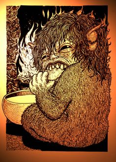 a drawing of a troll eating out of a bowl with his hands on his face